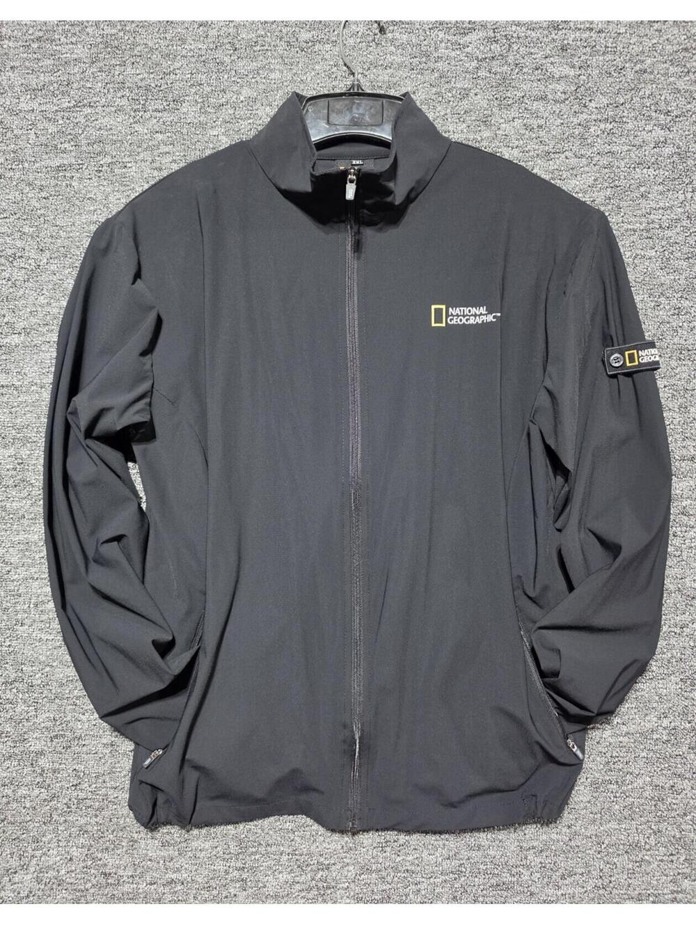 National Geographic Men's Black Windbreaker Jacket Full Zip Stand-Up Collar XXL